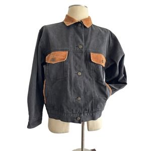 Vintage 80s 90s Workwear Black Denim Brown Corduroy Jean Jacket Lined | Sz M